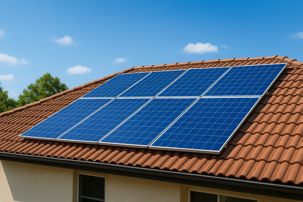 solar energy system for home with rooftop solar panels generating clean electricity