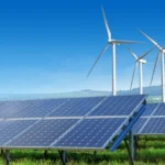 Renewable energy solutions including solar panels and wind turbines creating a sustainable future