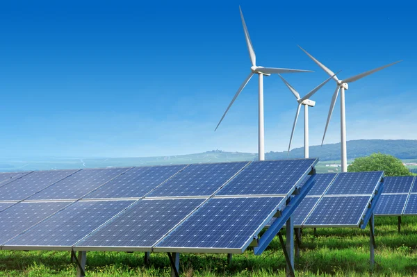 Renewable energy solutions including solar panels and wind turbines creating a sustainable future