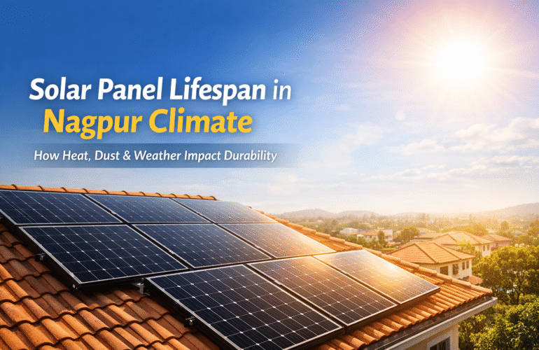 Solar panels installed on a rooftop in Nagpur under hot sunny climate showing long lifespan and durability