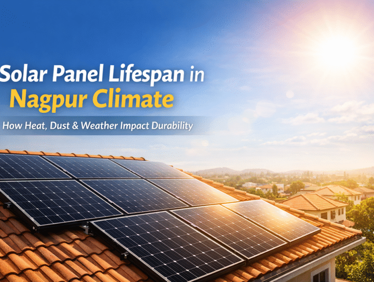 Solar panels installed on a rooftop in Nagpur under hot sunny climate showing long lifespan and durability