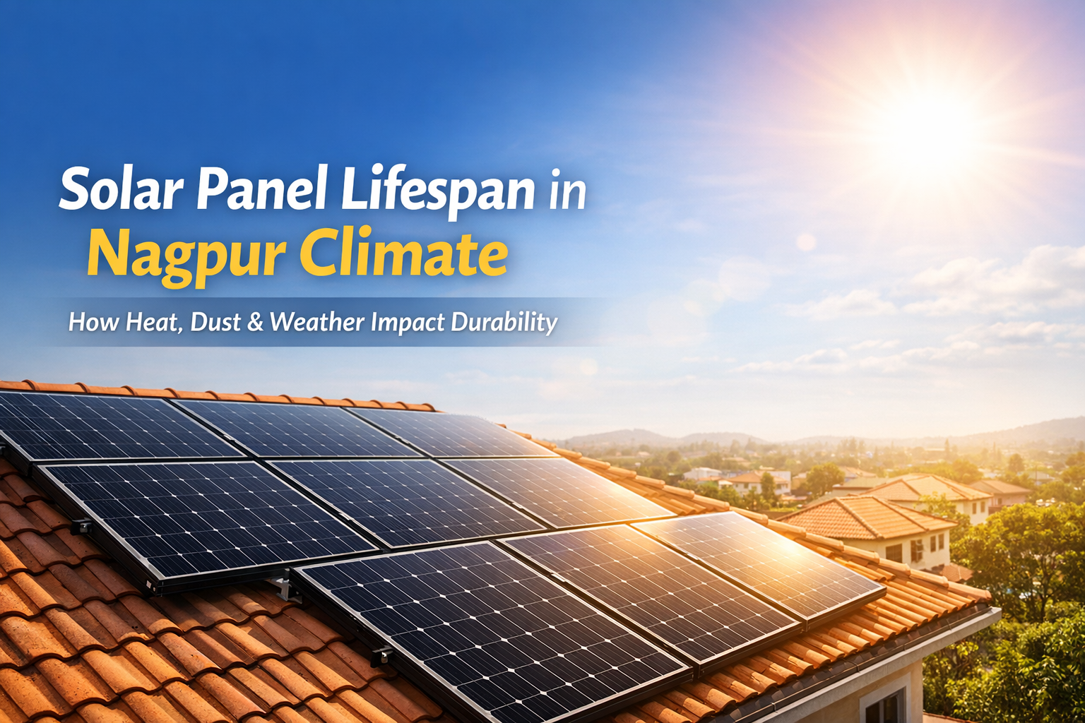 Solar panels installed on a rooftop in Nagpur under hot sunny climate showing long lifespan and durability