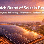 Which brand of solar is best comparison banner showing rooftop solar panels with efficiency, warranty, and performance highlights