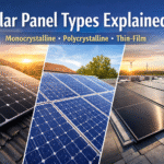 Different types of solar panels including monocrystalline, polycrystalline and thin-film panels installed on rooftops