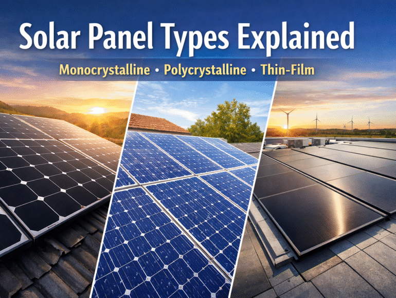 Different types of solar panels including monocrystalline, polycrystalline and thin-film panels installed on rooftops