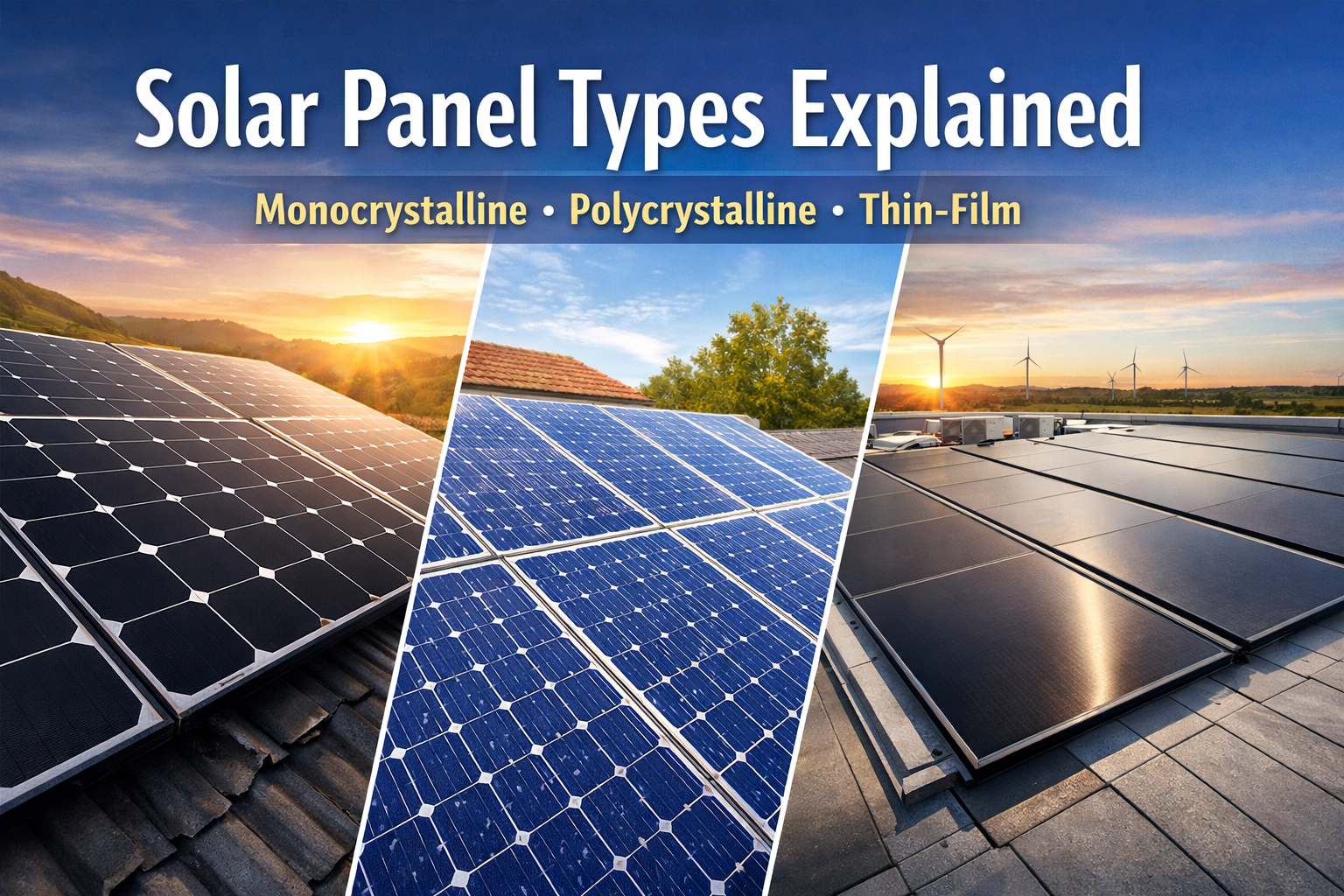 Different types of solar panels including monocrystalline, polycrystalline and thin-film panels installed on rooftops