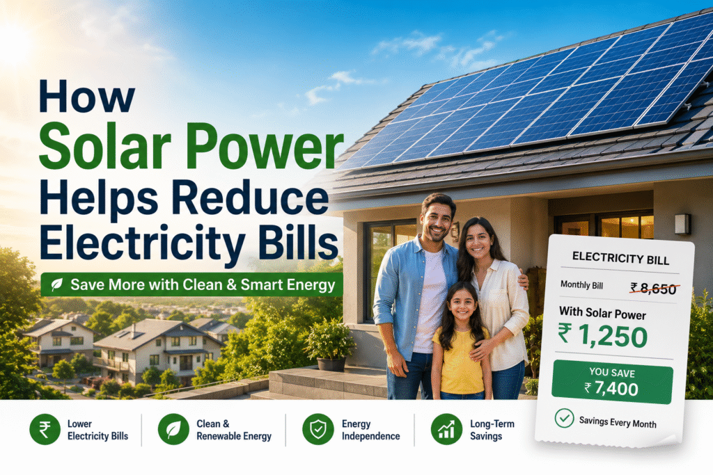Modern home with rooftop solar panels reducing electricity bills using clean solar power