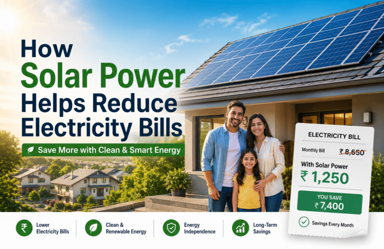 Modern home with rooftop solar panels reducing electricity bills using clean solar power