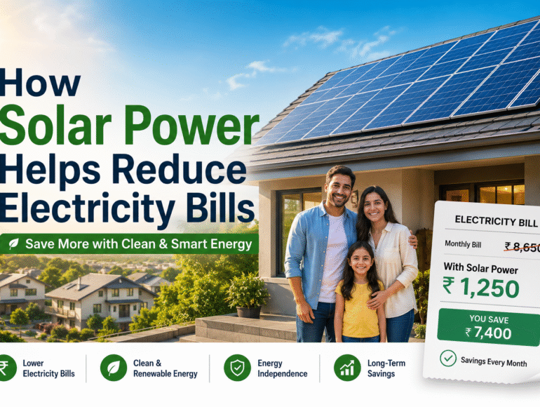 Modern home with rooftop solar panels reducing electricity bills using clean solar power