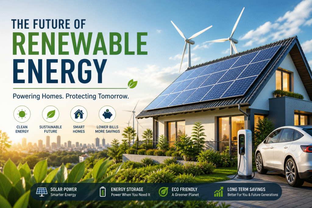 Future of renewable energy with solar-powered smart home, rooftop solar panels, and electric vehicle charging