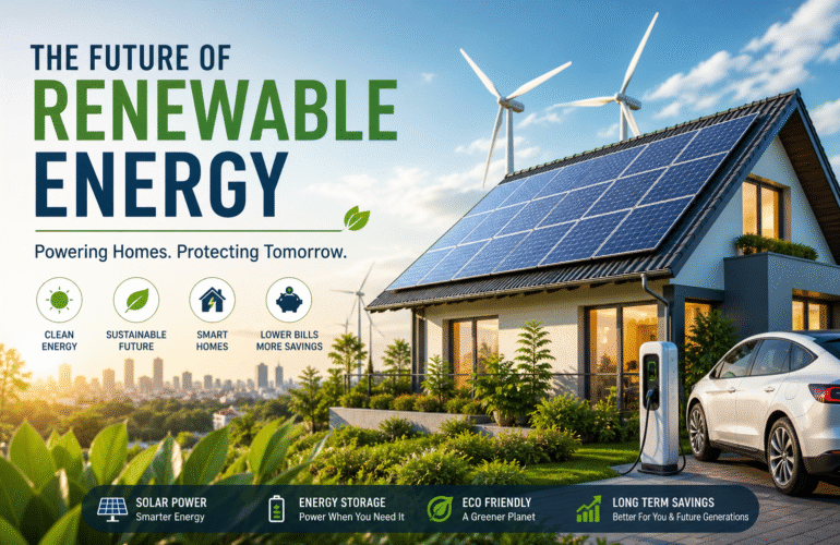 Future of renewable energy with solar-powered smart home, rooftop solar panels, and electric vehicle charging