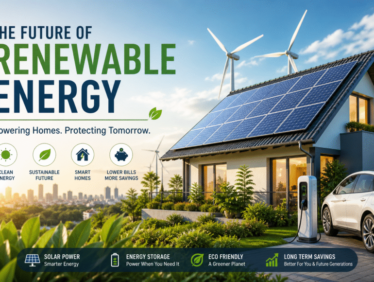 Future of renewable energy with solar-powered smart home, rooftop solar panels, and electric vehicle charging