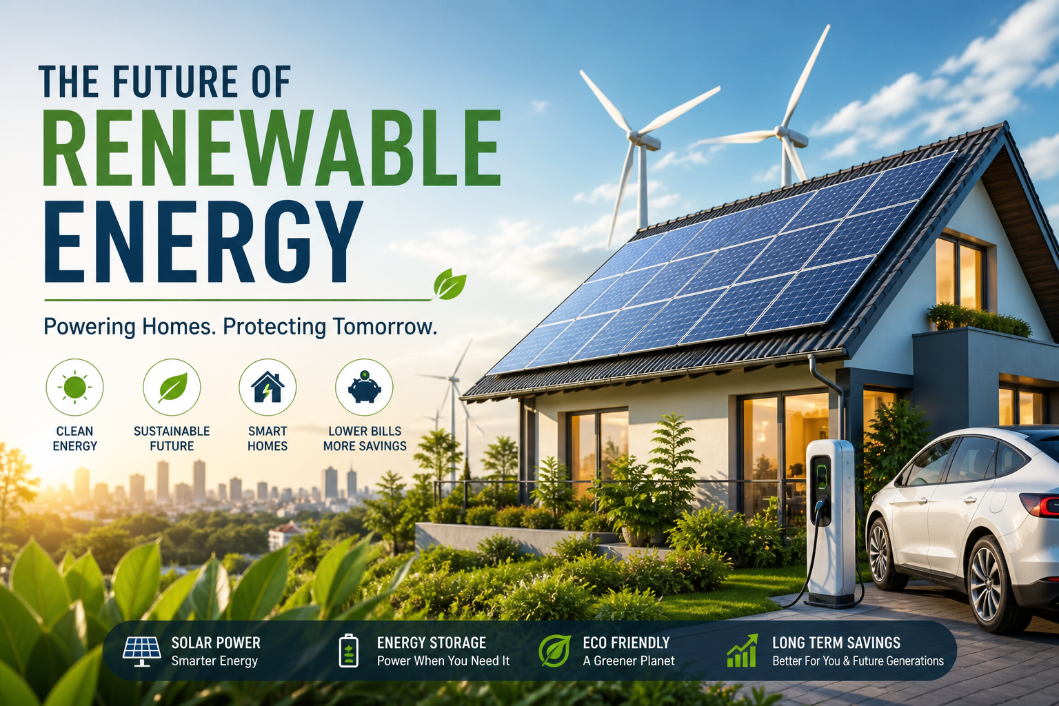 Future of renewable energy with solar-powered smart home, rooftop solar panels, and electric vehicle charging