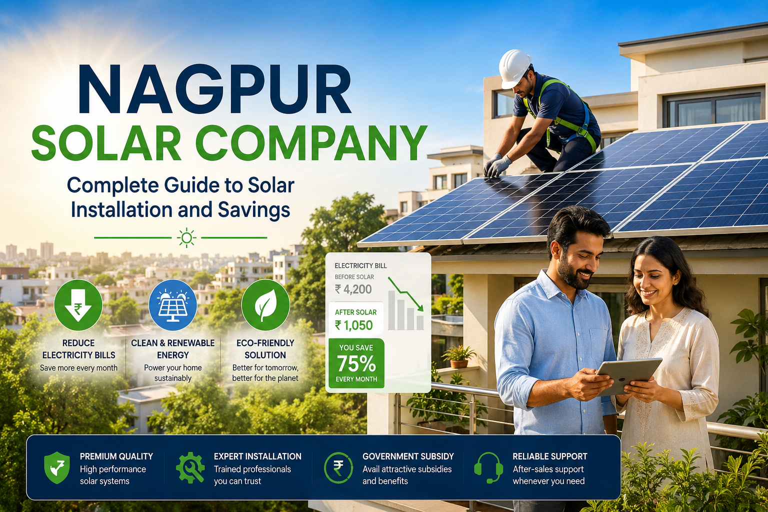 Nagpur solar company installing rooftop solar panels on a modern home for energy savings