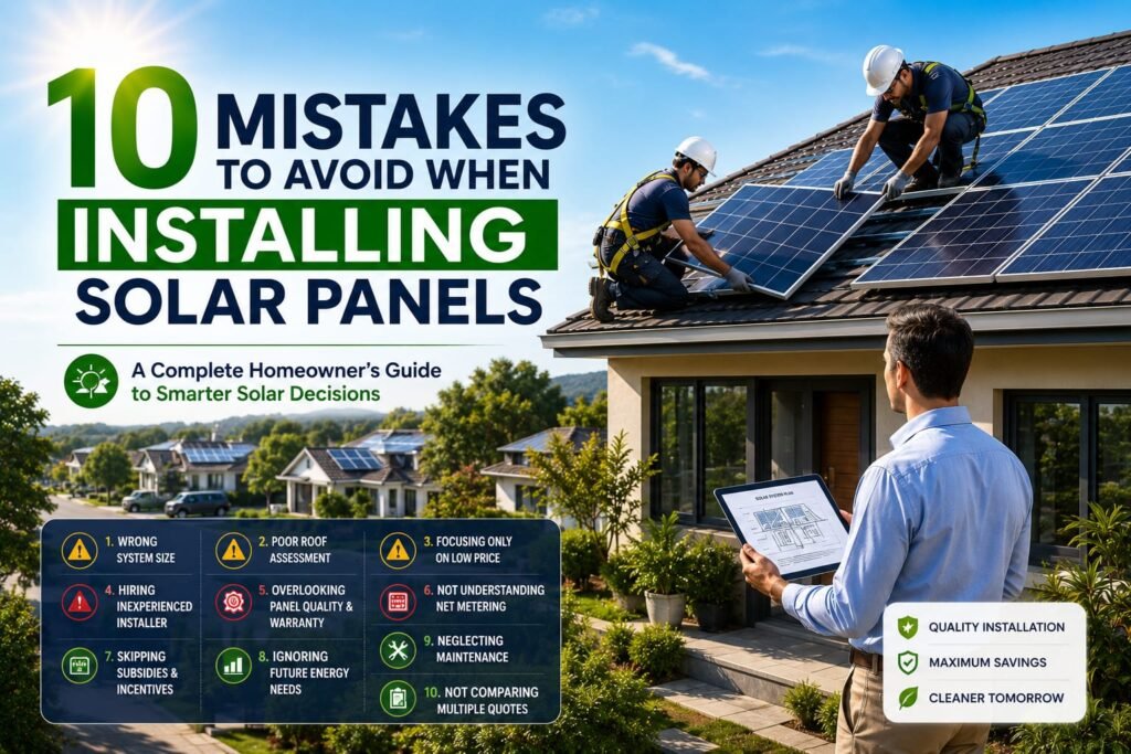 Professional technicians installing rooftop solar panels on a modern home while avoiding common solar installation mistakes