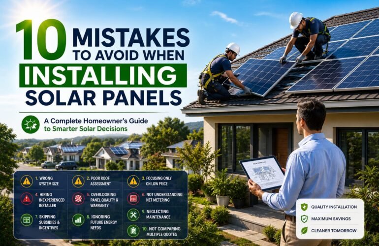 Professional technicians installing rooftop solar panels on a modern home while avoiding common solar installation mistakes