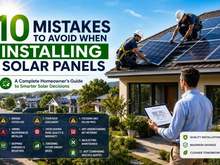 Professional technicians installing rooftop solar panels on a modern home while avoiding common solar installation mistakes