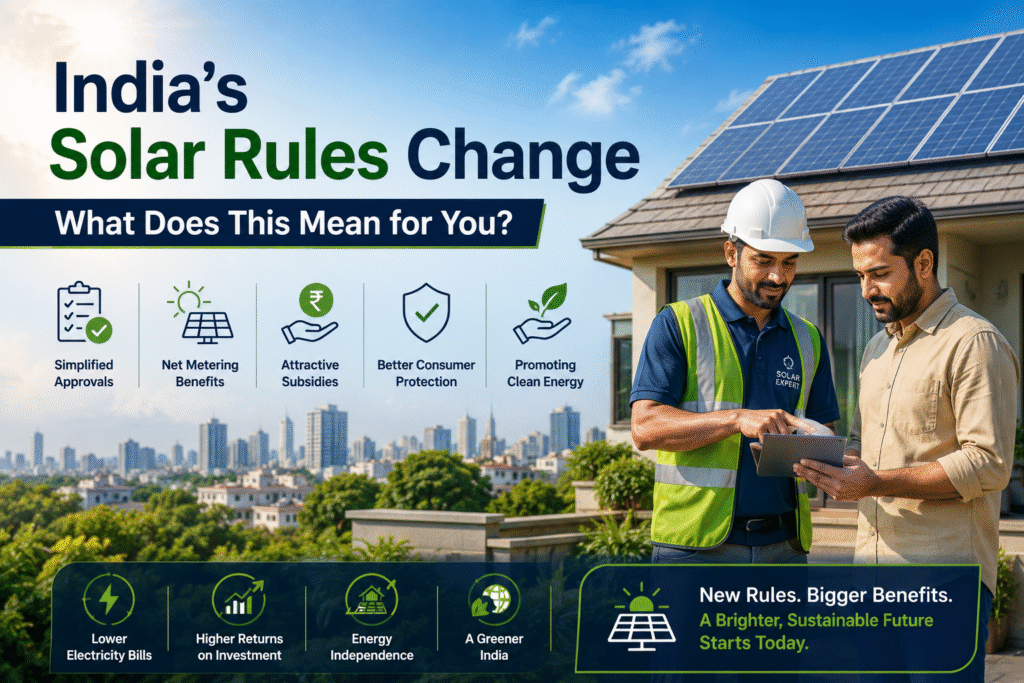 Modern Indian residential and commercial buildings with rooftop solar panels highlighting India's new solar rules and renewable energy policy updates