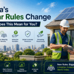 Modern Indian residential and commercial buildings with rooftop solar panels highlighting India's new solar rules and renewable energy policy updates