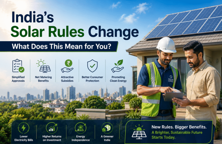 Modern Indian residential and commercial buildings with rooftop solar panels highlighting India's new solar rules and renewable energy policy updates