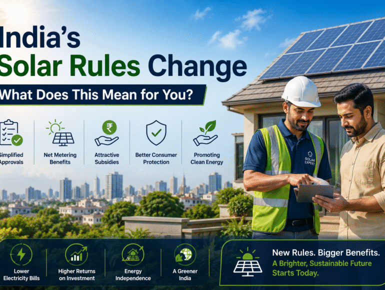 Modern Indian residential and commercial buildings with rooftop solar panels highlighting India's new solar rules and renewable energy policy updates