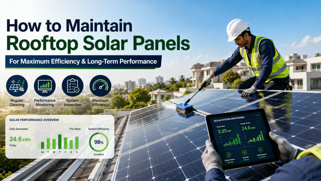 Professional technician maintaining rooftop solar panels on a modern Indian home