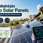 Professional technician maintaining rooftop solar panels on a modern Indian home