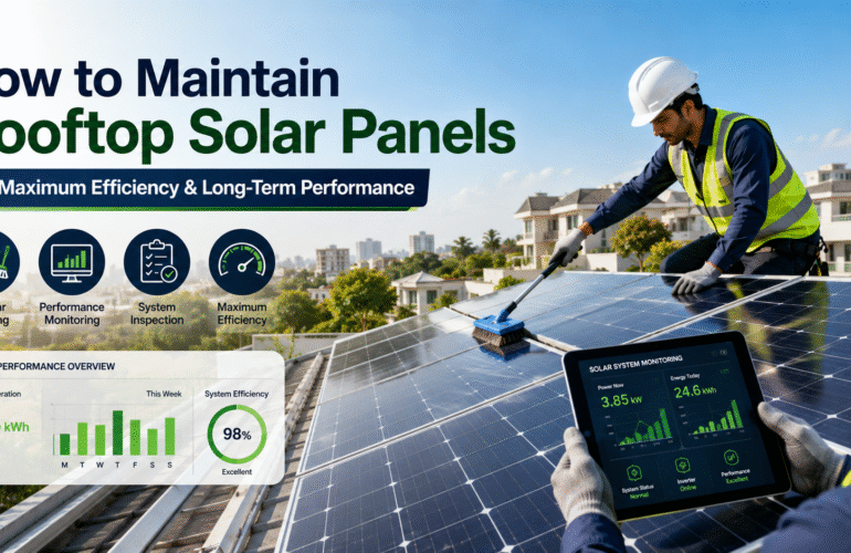 Professional technician maintaining rooftop solar panels on a modern Indian home