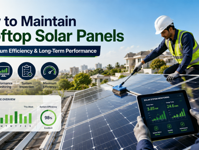 Professional technician maintaining rooftop solar panels on a modern Indian home