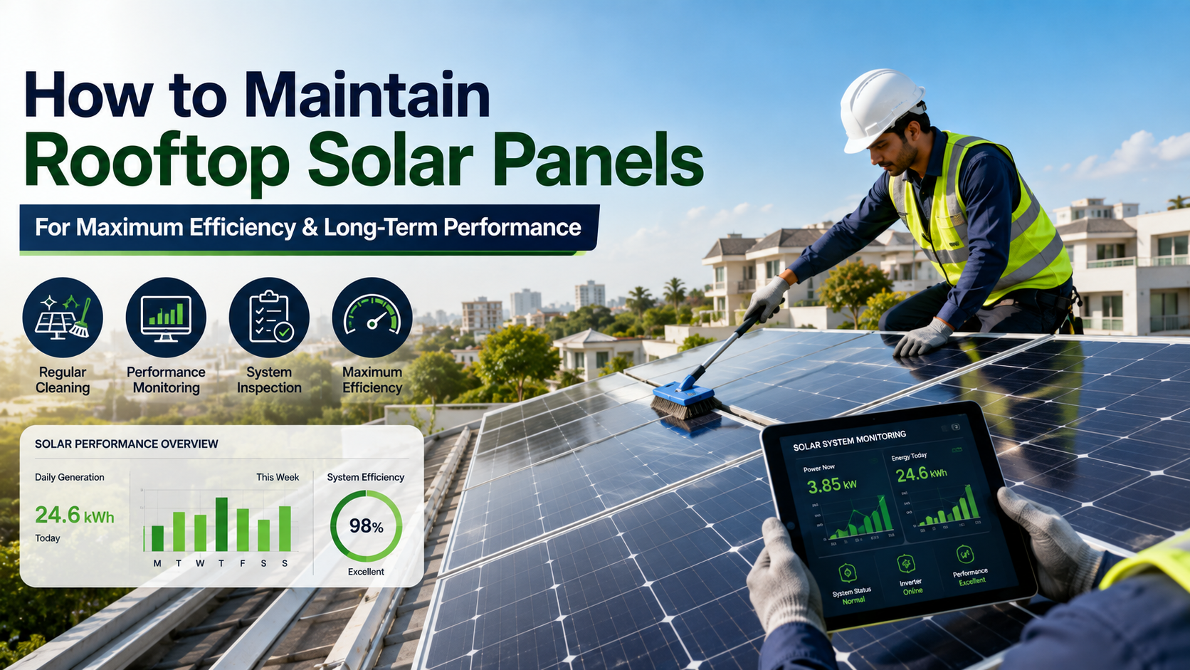 Professional technician maintaining rooftop solar panels on a modern Indian home