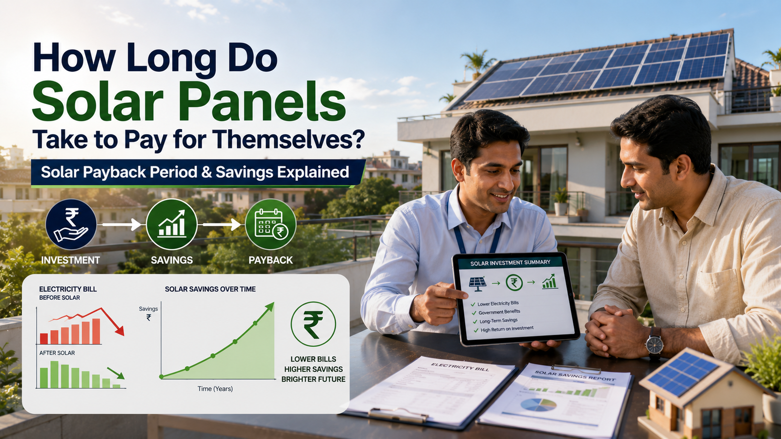 Homeowner reviewing solar panels investment and electricity savings with a solar consultant