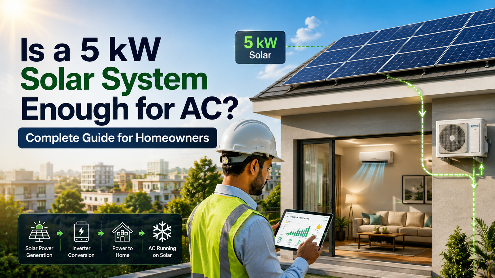 5 kW rooftop solar system powering an air conditioner in a modern Indian home