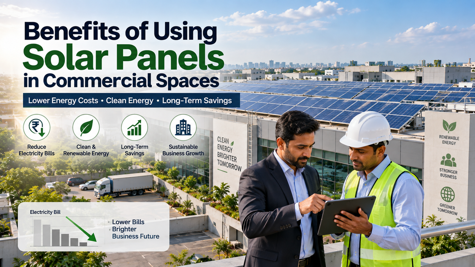 Solar panels installed on a modern commercial building for clean energy and lower electricity costs