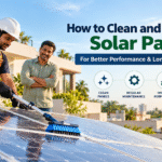 Professional technician cleaning and maintaining rooftop solar panels on a modern Indian home