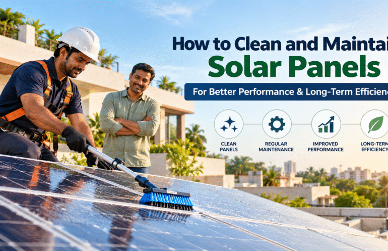 Professional technician cleaning and maintaining rooftop solar panels on a modern Indian home