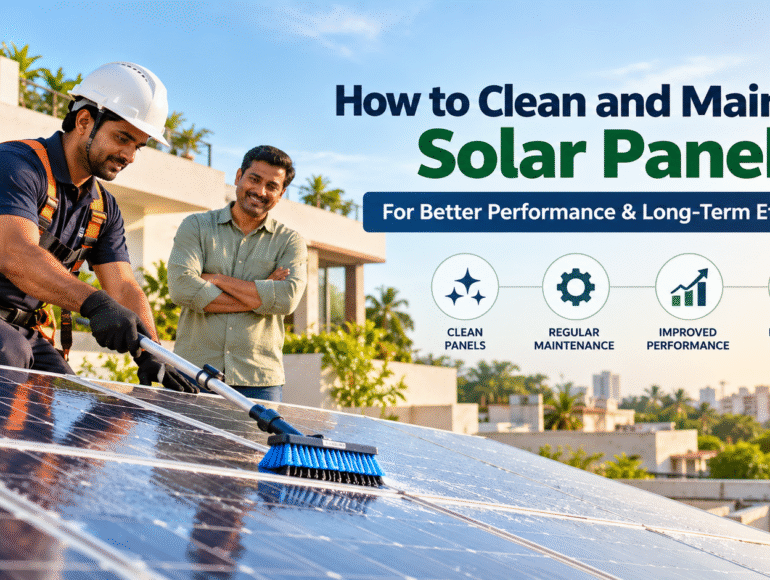 Professional technician cleaning and maintaining rooftop solar panels on a modern Indian home
