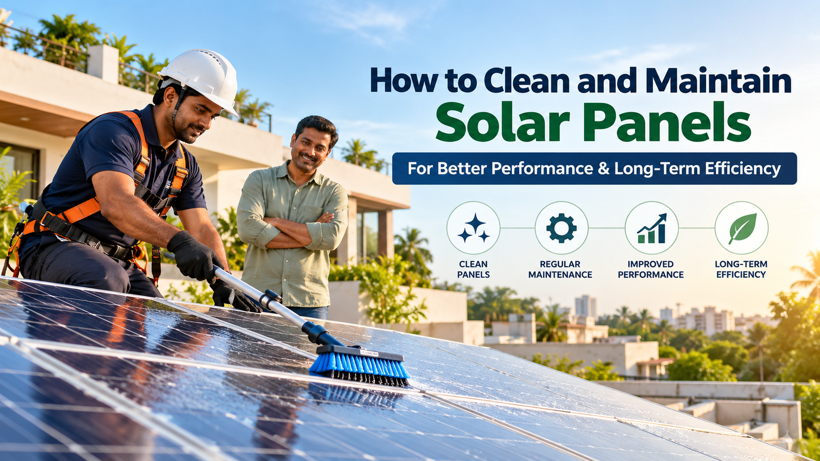 Professional technician cleaning and maintaining rooftop solar panels on a modern Indian home