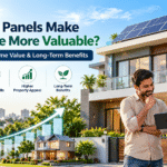 Modern Indian home with rooftop solar panels highlighting potential property value and energy savings.