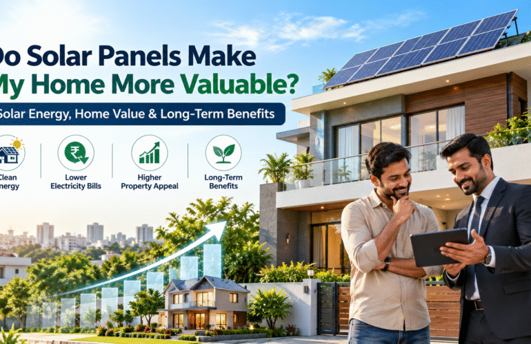 Modern Indian home with rooftop solar panels highlighting potential property value and energy savings.