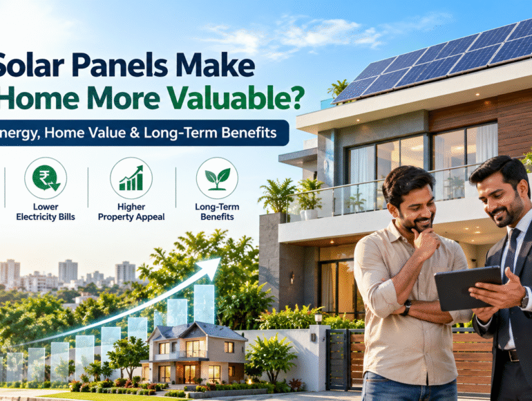 Modern Indian home with rooftop solar panels highlighting potential property value and energy savings.