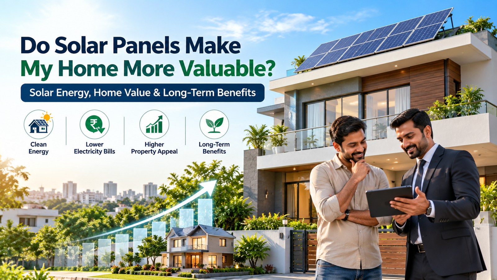 Modern Indian home with rooftop solar panels highlighting potential property value and energy savings.